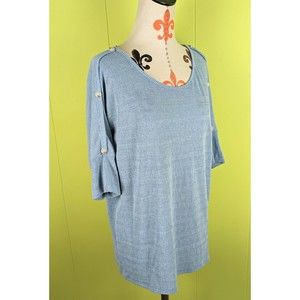 SJS Women's XL Tunic Top Blue Waffle Knit Buttoned 3/4 Sleeve Stretch EUC